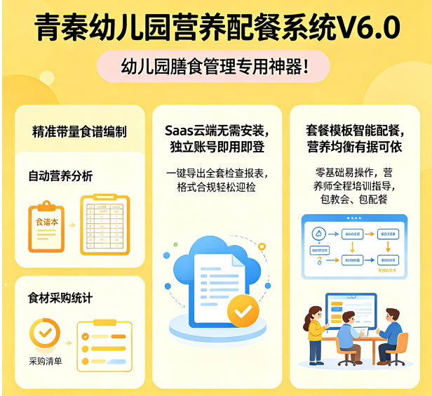 青秦幼儿园营养配餐系统 科学做食谱，轻松迎检查，膳食营养管理一步到位